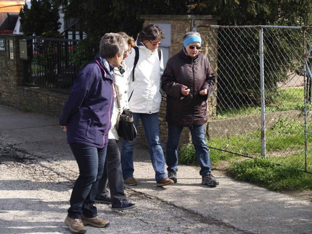 Pfarrmitglieder wandern die Pfarrgrenzen ab, hier auf der Straße. © Pfarre Neustift