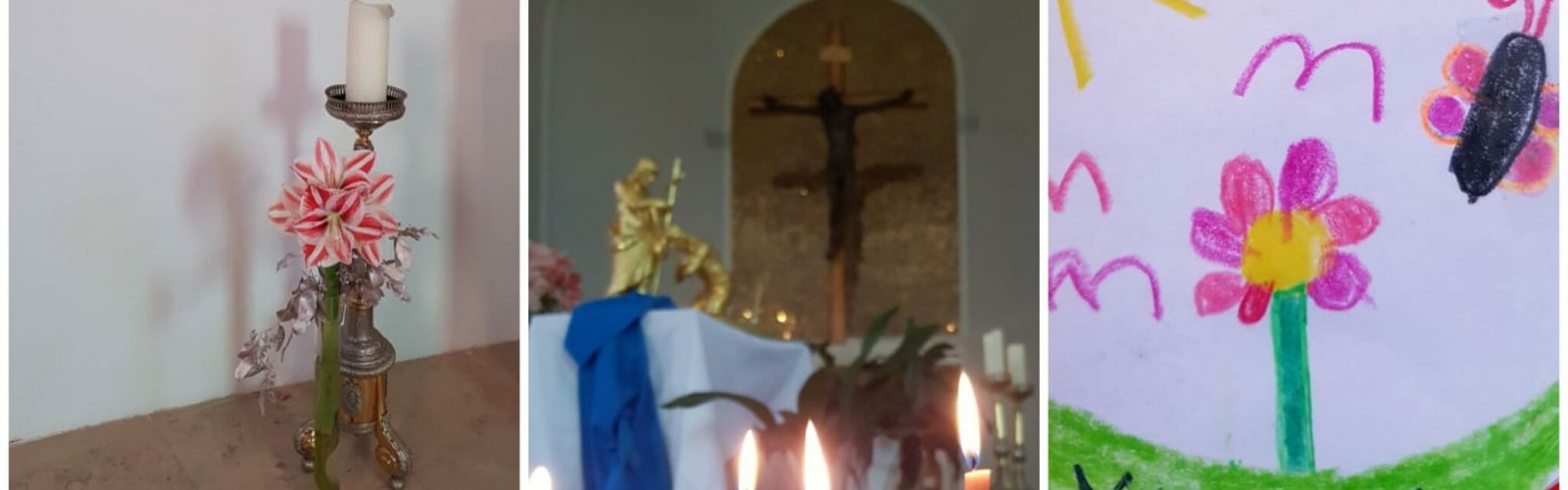 Zeichnungen von Erstkommunionkindern, die Blumen, Sonne und Gesichter zeigen. Kerzen brennen vor dem Altar, wo der Deckel des Taufbeckens liegt. © Renate Kletzl