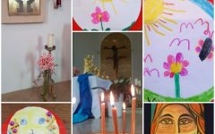 Zeichnungen von Erstkommunionkindern, die Blumen, Sonne und Gesichter zeigen. Kerzen brennen vor dem Altar, wo der Deckel des Taufbeckens liegt. © Renate Kletzl